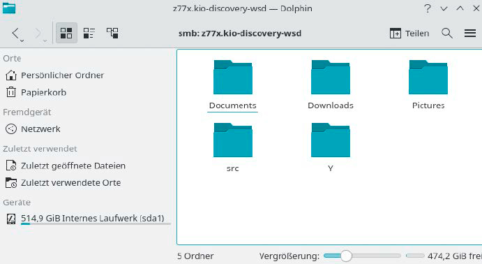 Windows-Freigaben in Dolphin: Die neueste Version des KDE-Dateimanagers beherrscht WS-Discovery und kann daher Windows-Server und deren Freigaben anzeigen.