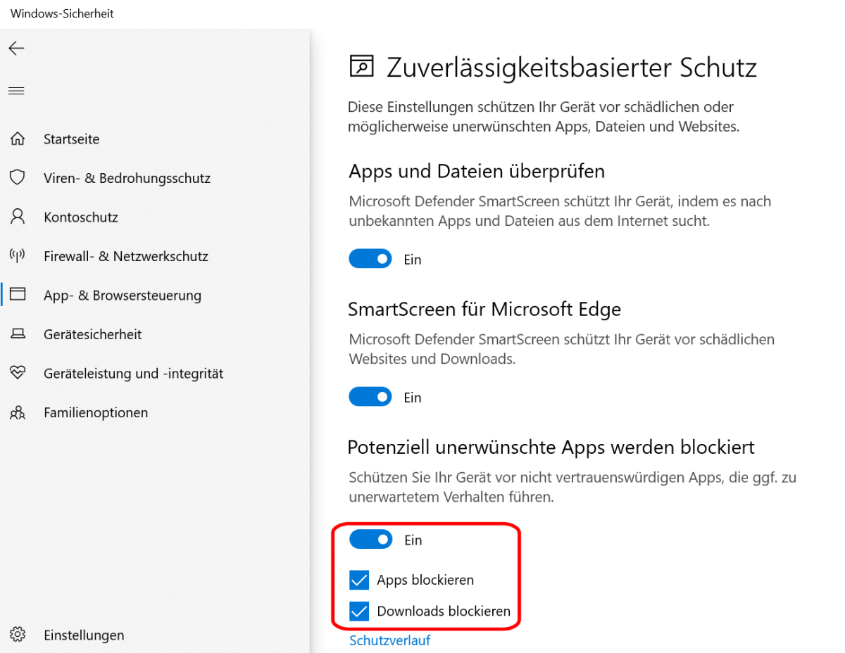 Nicht alle Sicherheitsfunktionen sind in Windows 10 standardmäßig eingeschaltet, dazu zählt das hier bereits aktivierte Blockieren potenziell unerwünschter Software.