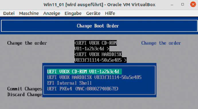 Uefi-Bootreihenfolge: Von welchem Laufwerk eine VM bootet, stellen Sie im Firmwaresetup ein. Es lässt sich mit der Esc-Taste beim Start der virtuellen Maschine aufrufen.