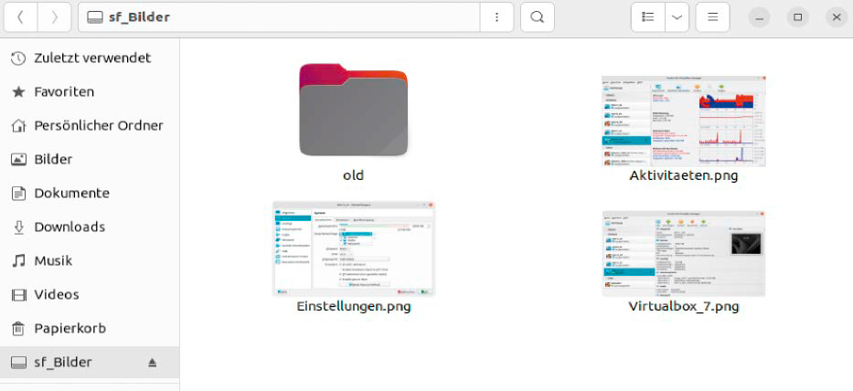 Zugriff auf den Host-PC: „Gemeinsame Ordner“ sind eine Alternative zu Netzwerkfreigaben. Unter Linux – im Beispiel „sf_Bilder“ – ist der Ordner direkt im Dateimanager zu sehen.
