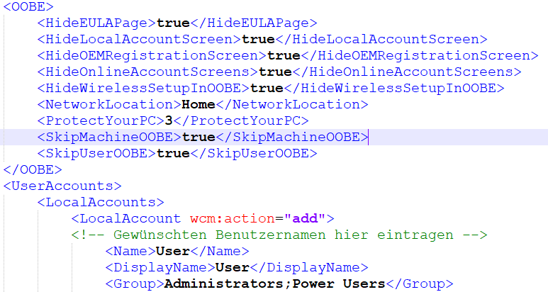 Automatische Windows-Installation: In einer Antwortdatei lassen sich alle Optionen konfigurieren, die sonst der Benutzer eingeben muss – inklusive lokalem Benutzerkonto.