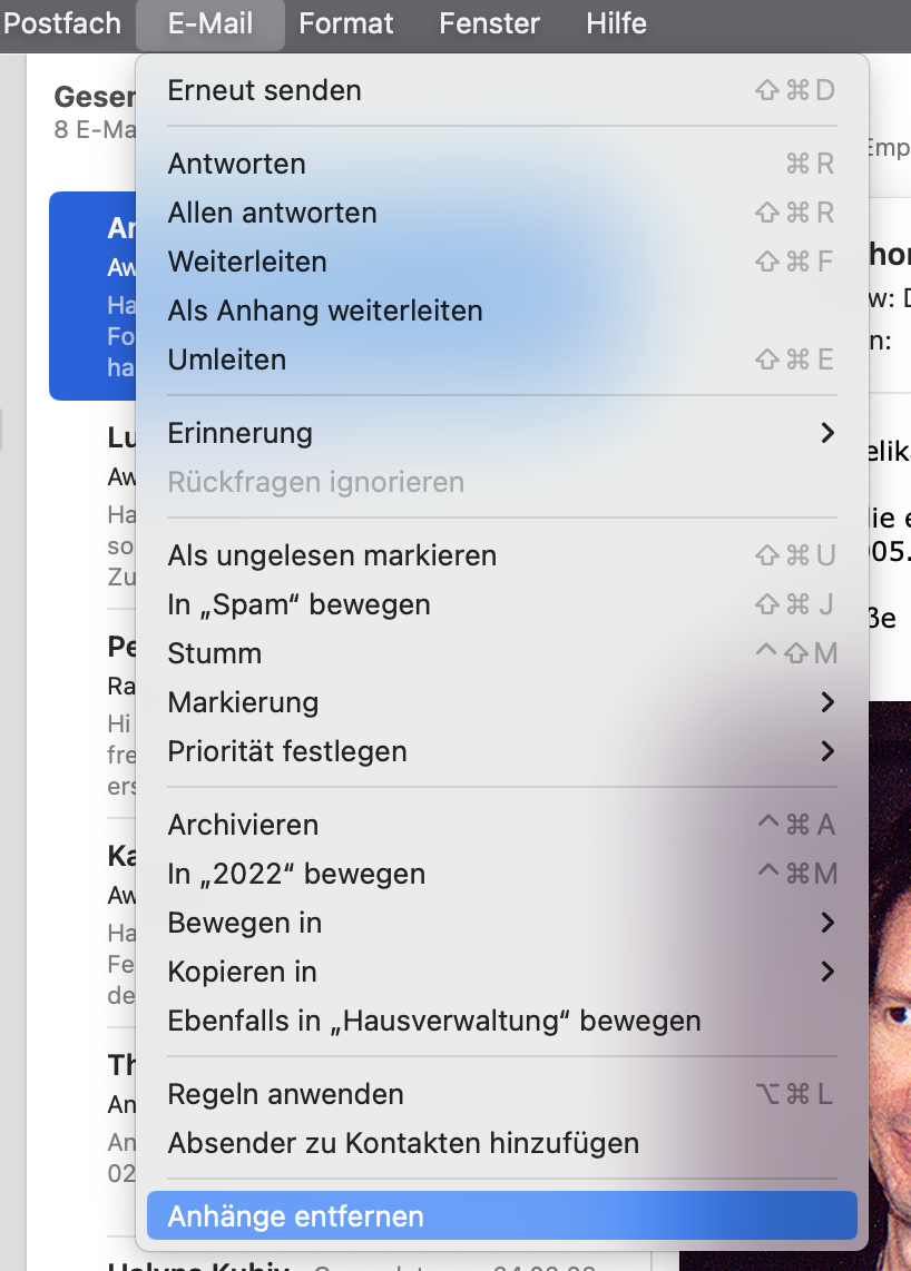 Anhänge aus einer E-Mail entfernen