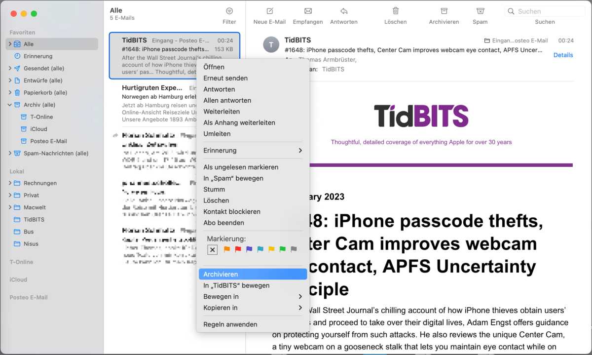 E-Mails in das Archiv legen
