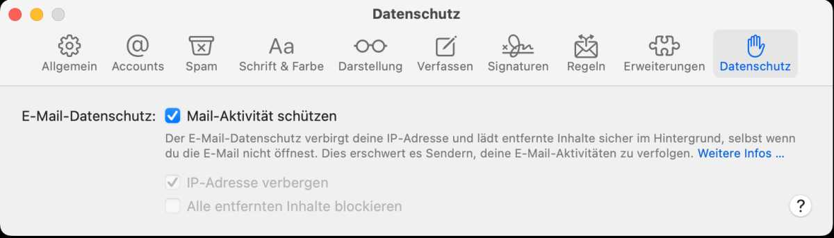 Datenschutzeinstellungen in Mail