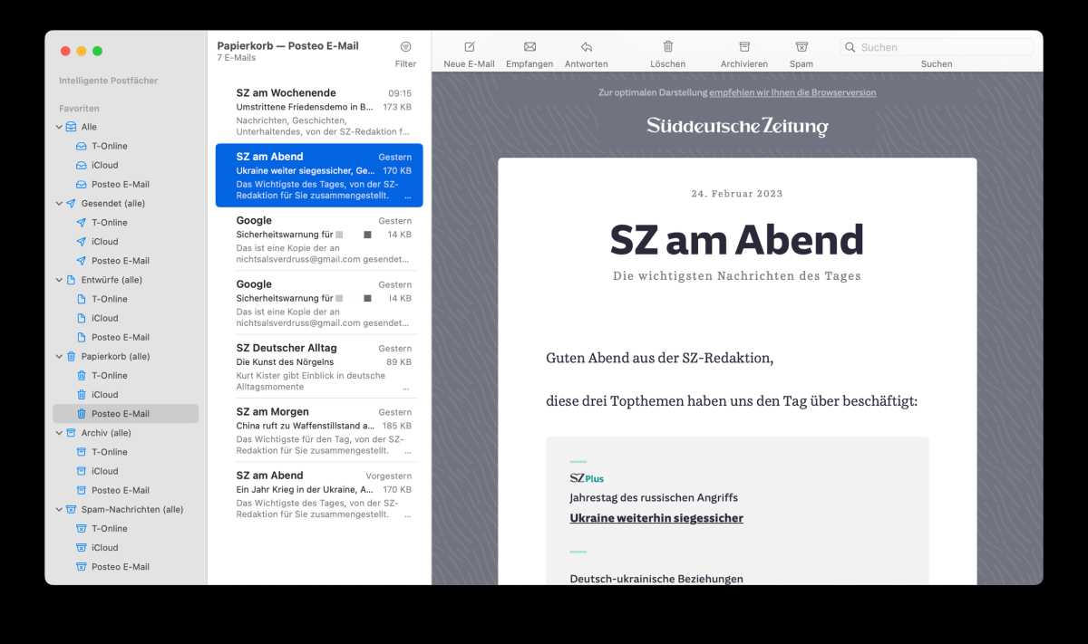 Die Favoriten in der Seitenleiste von Mail