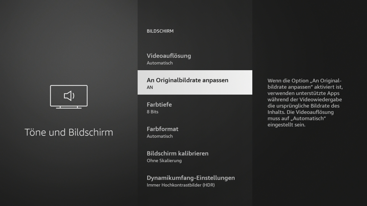 Fire-TV-Stick: An Originalbildrate anpassen