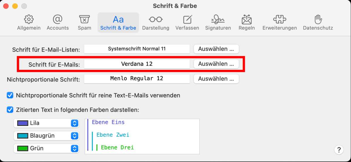 Standardschrift in Mail festlegen