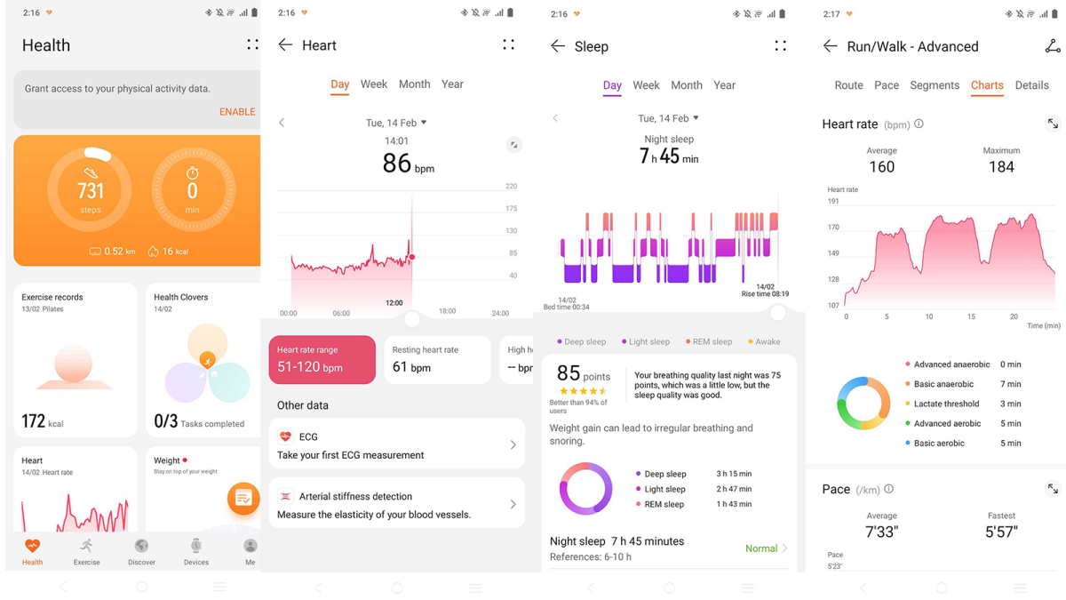 Screenshot of app pages for health tracking on the Huawei Watch Buds