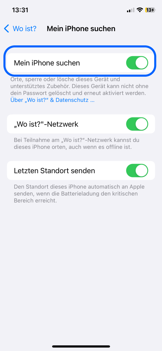"Mein iPhone suchen" gilt, abzuschalten