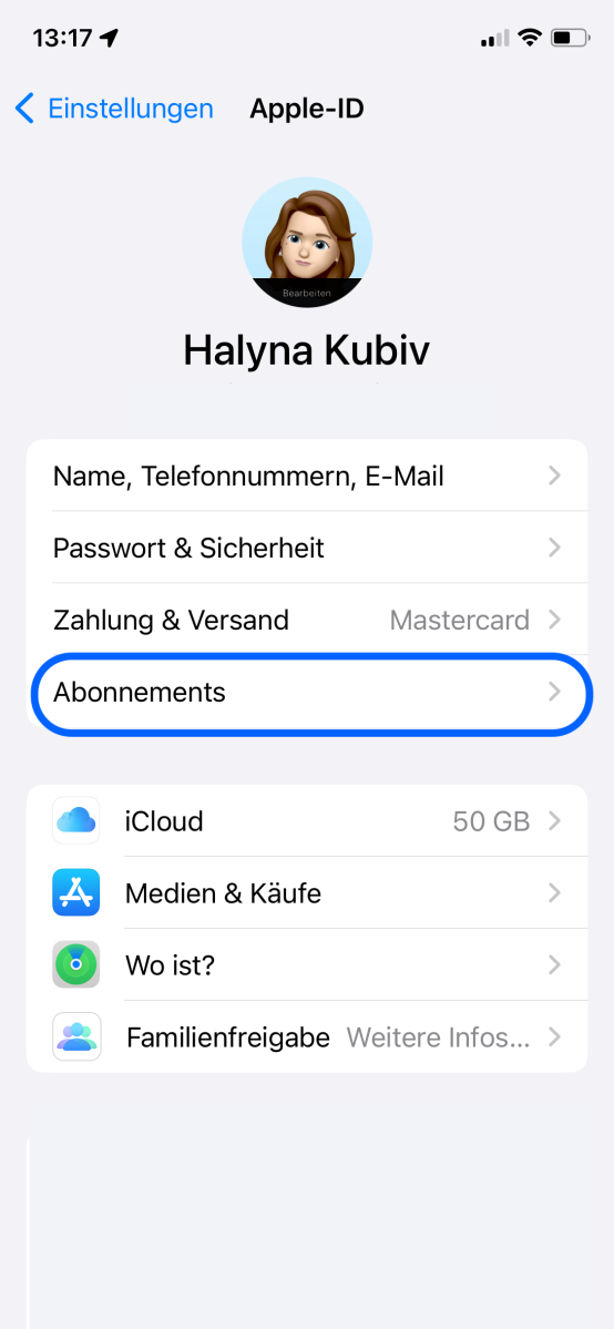 Der Bereich von eigener Apple-ID ist auch für alle Apple-Abonnements zuständig.
