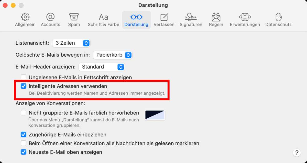 Einstellungen in Mail zum Adressformat