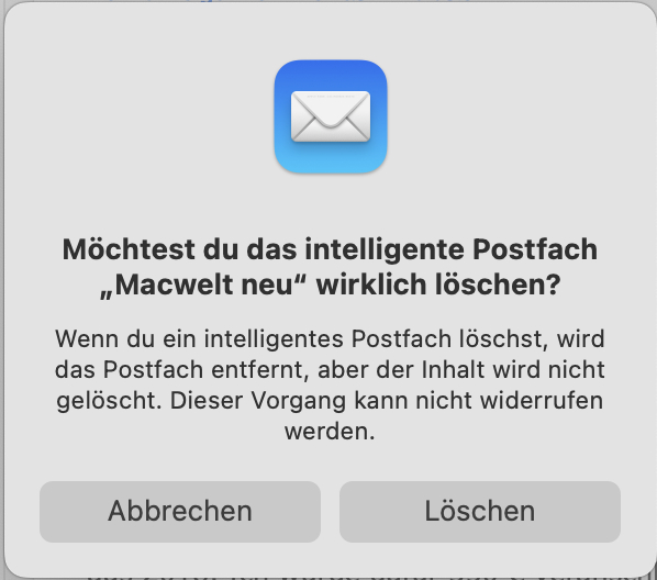 Warnhinweis beim Löschen von intelligenten Postfächern
