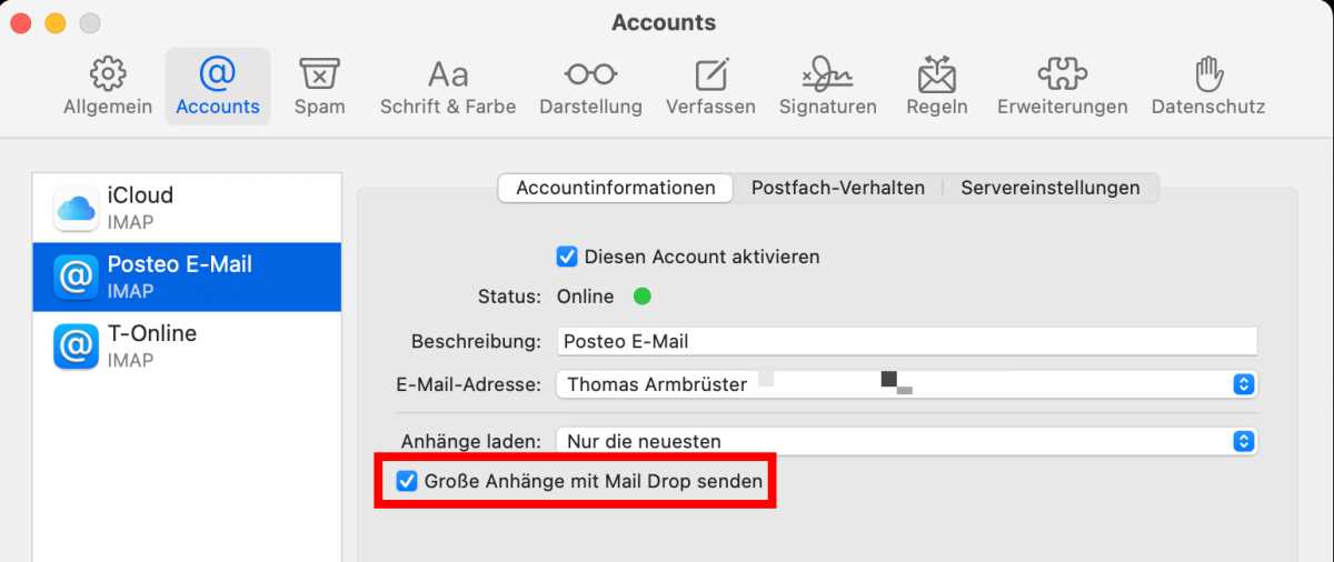 Mail Drop für einen Account aktivieren