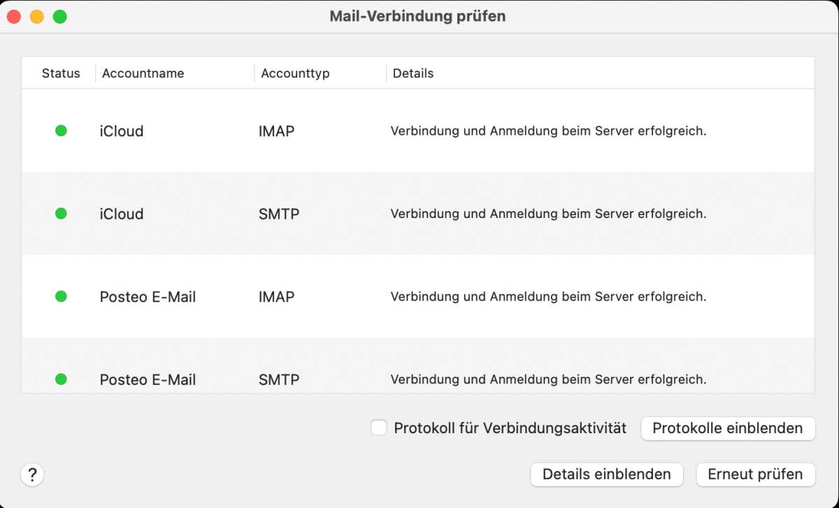 Verbindungen in Mail prüfen