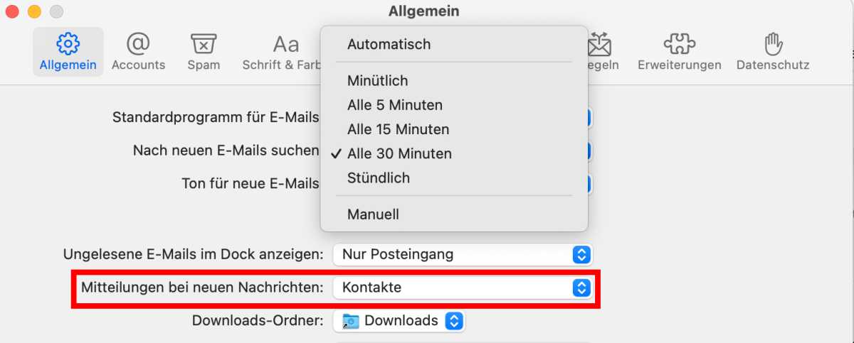 Einstellungen in Mail für die Mitteilungen