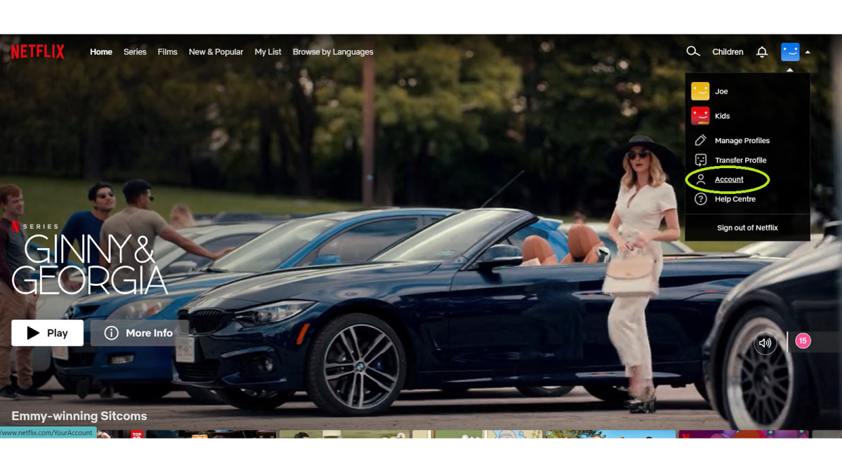 Screenshot of Netflix UK with drop down menu and 'Account' circled 