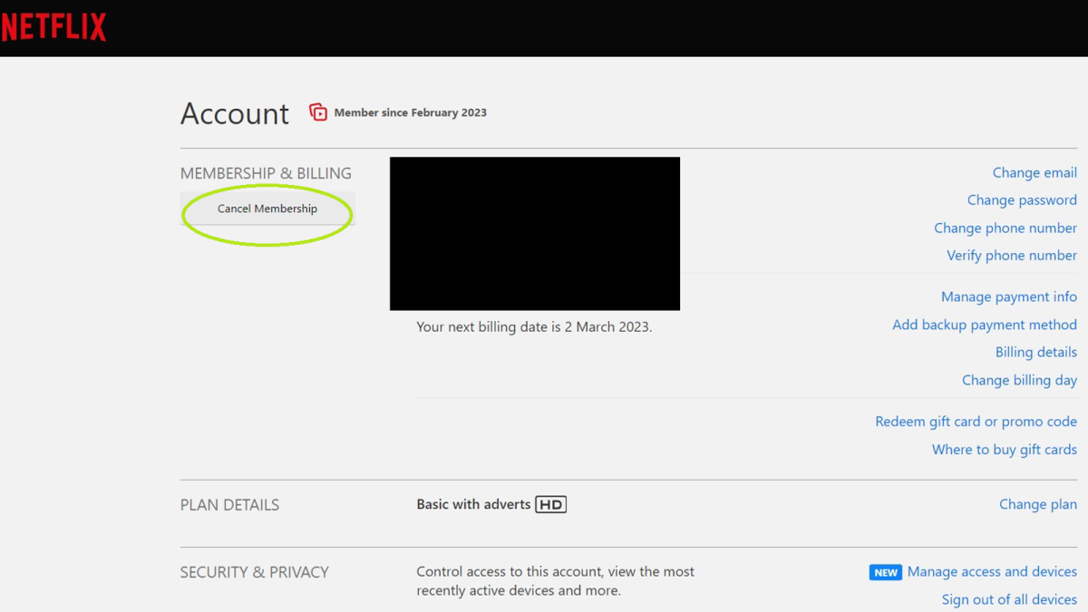 Screenshot of Netflix account page with 'Cancel Membership' circled