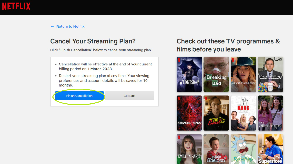 Screenshot of Netflix 'cancel your streaming plan?' page with 'Finish cancellation' circled 