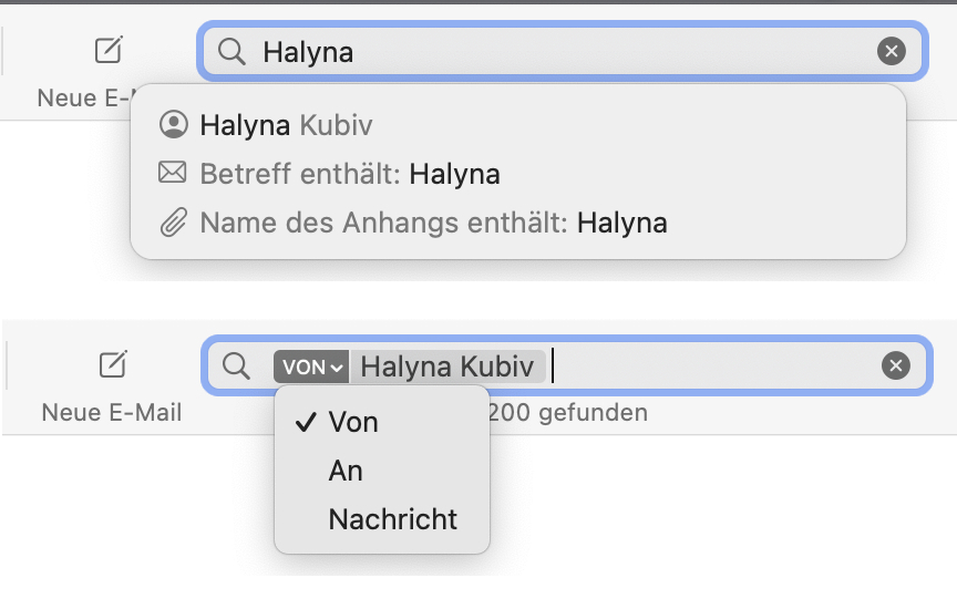 Nach e-Mails von und an bestimmte PÜersonen suchen