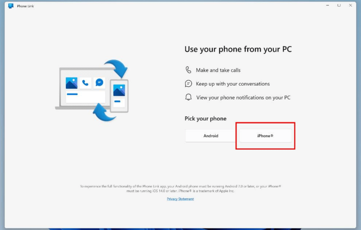 Microsoft Windows 11 Phone Link for iOS setup