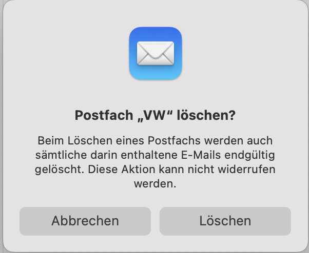 Warnhinweis beim Löschen eines Postfachs