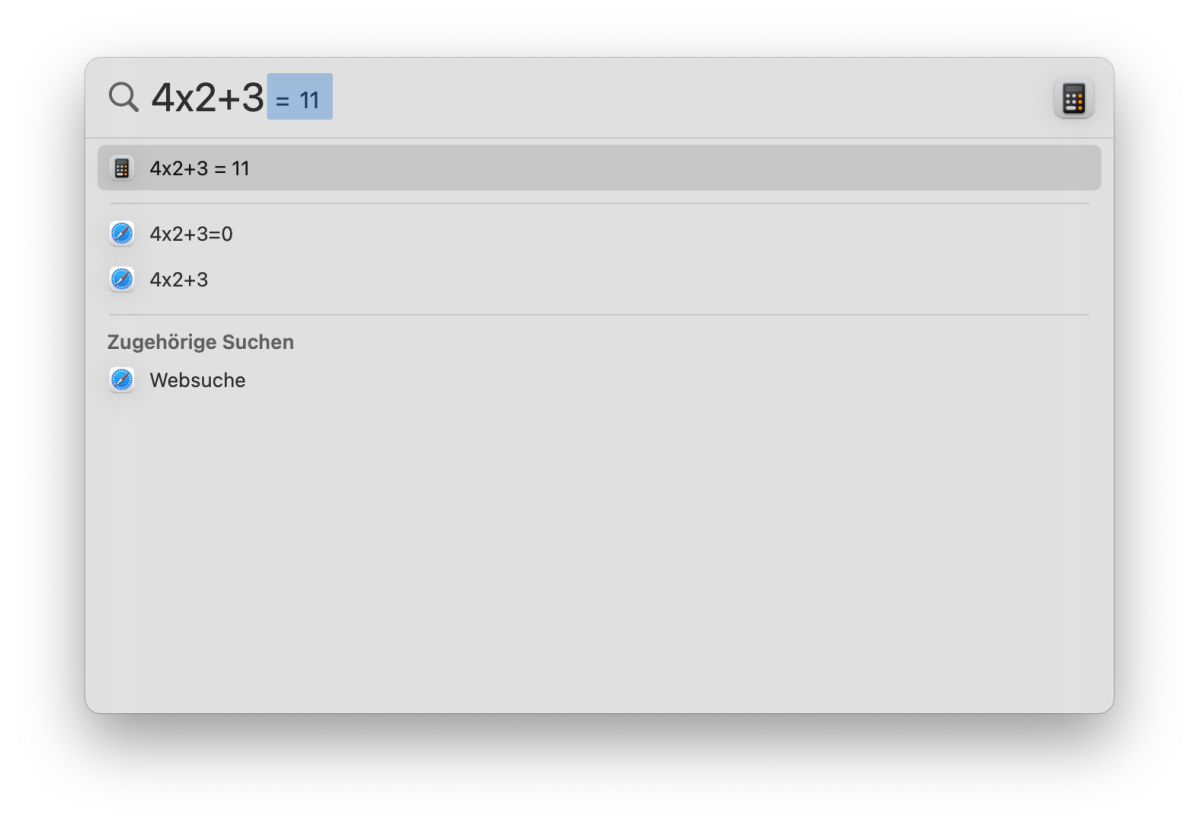 Eingebaute Rechner-App in der Suchleiste unter MacOS