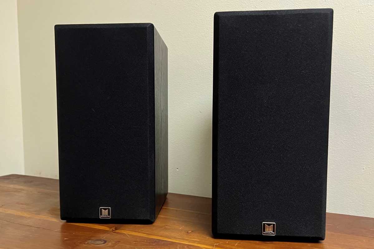 Monoprice Monolith Audition B5 bookshelf speakers with grilles