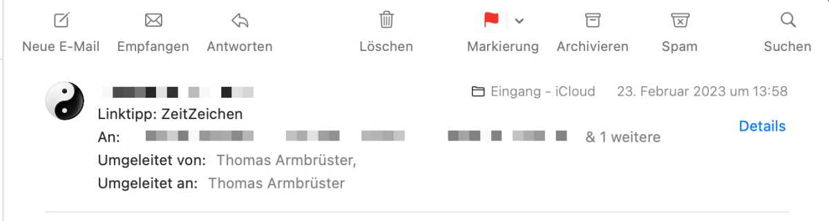 Anzeige der Umleitung in einer E-Mail