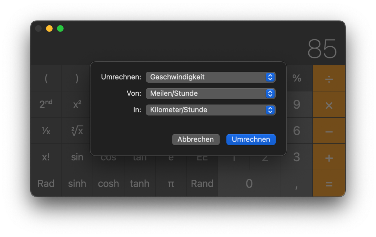Der Rechner am Mac kann ziemlich viel umrechnen.