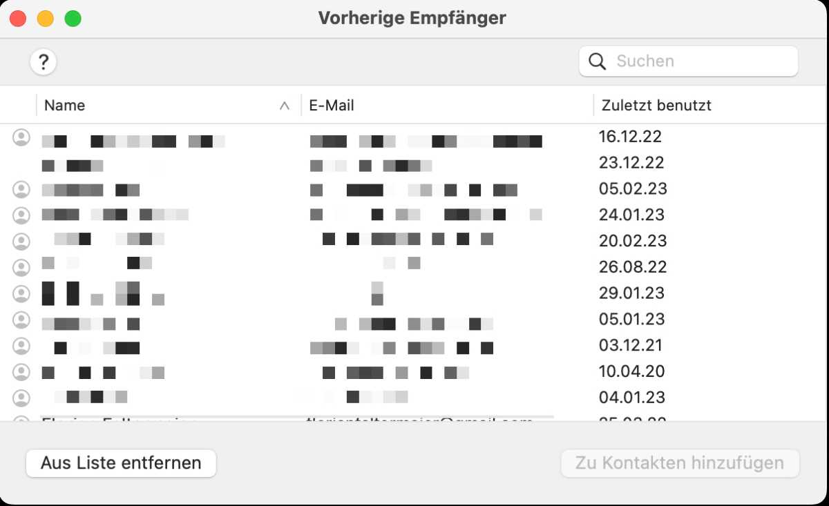 Liste der vorherigen Empfänger in Mail