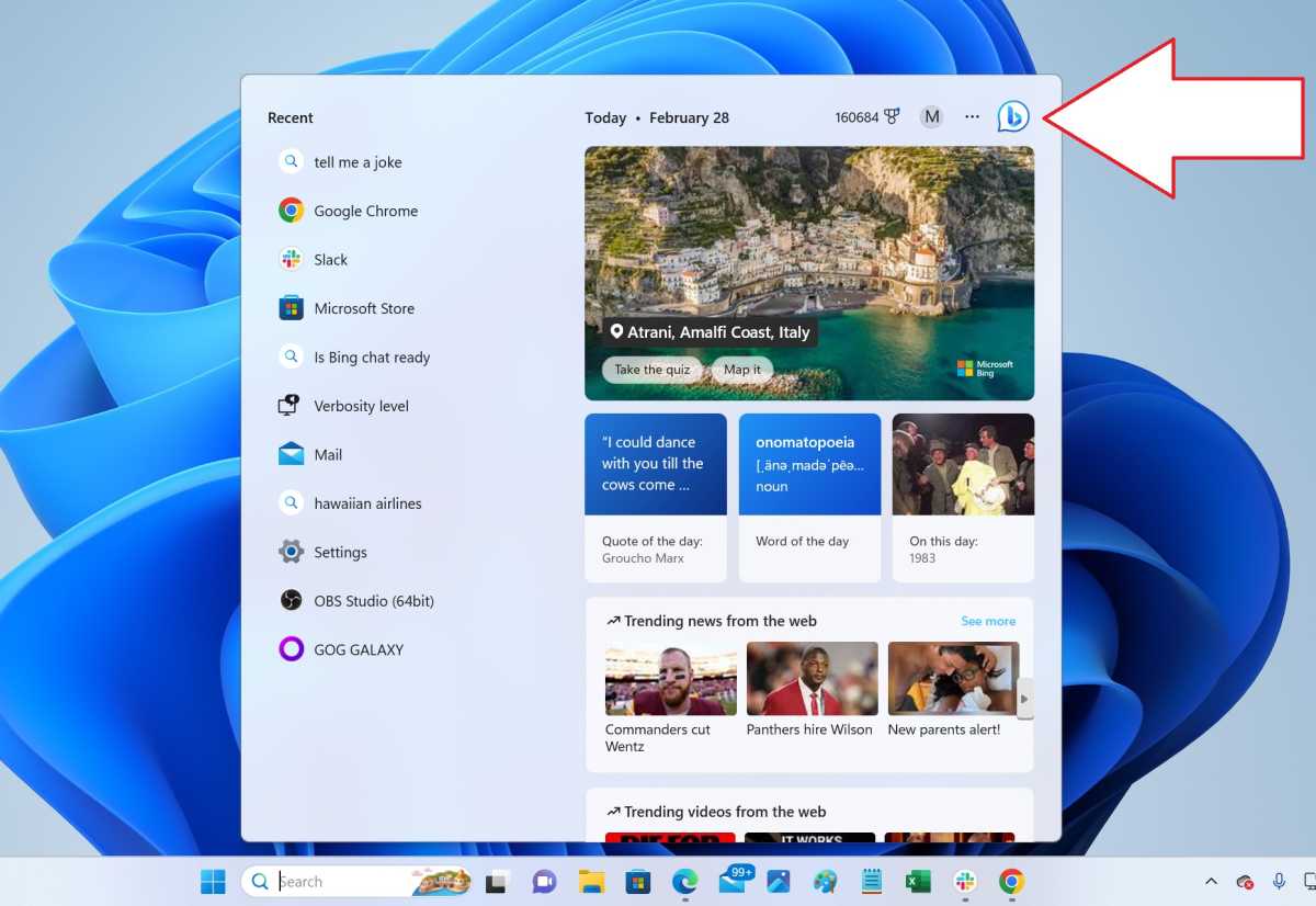 Windows 11 Arama kutusu Bing Chat Edge aracılığıyla Bing simgesi araması