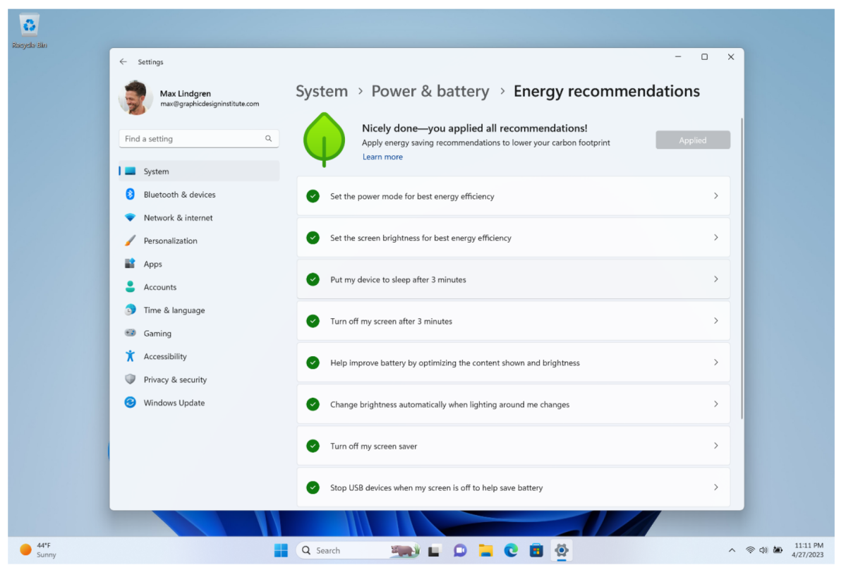 Windows 11 February 2023 Update energy recommendations