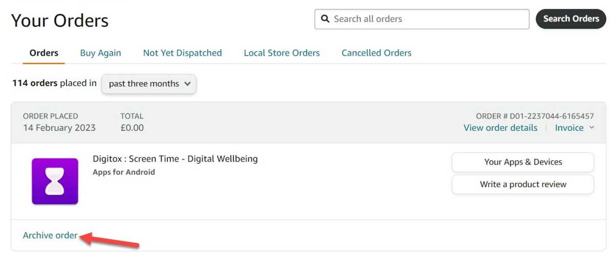 Amazon hide orders screenshot