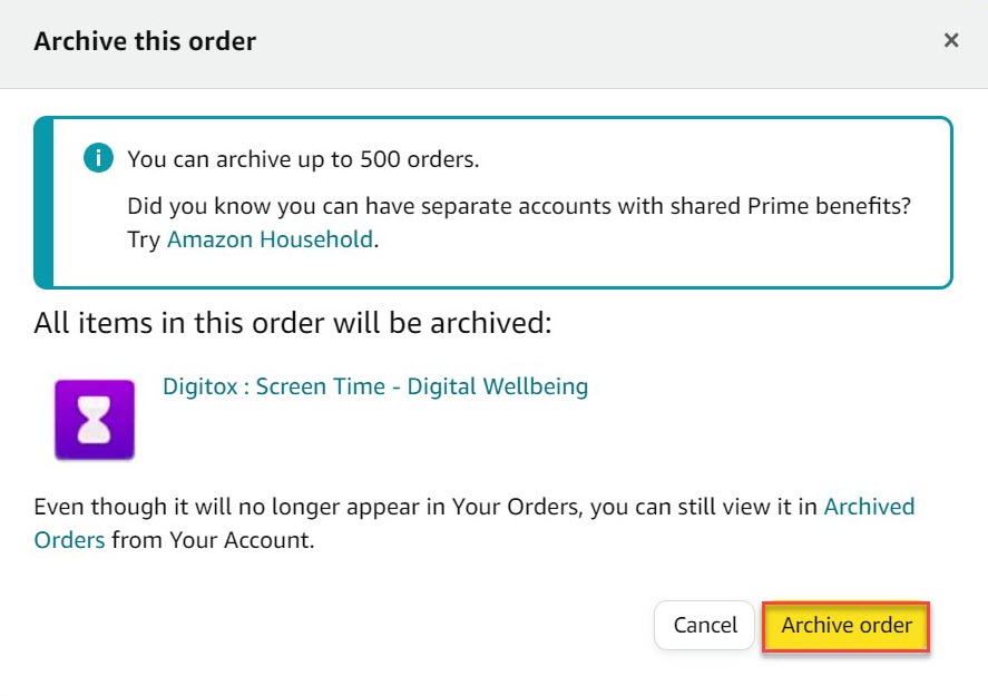 Amazon hide orders screenshot