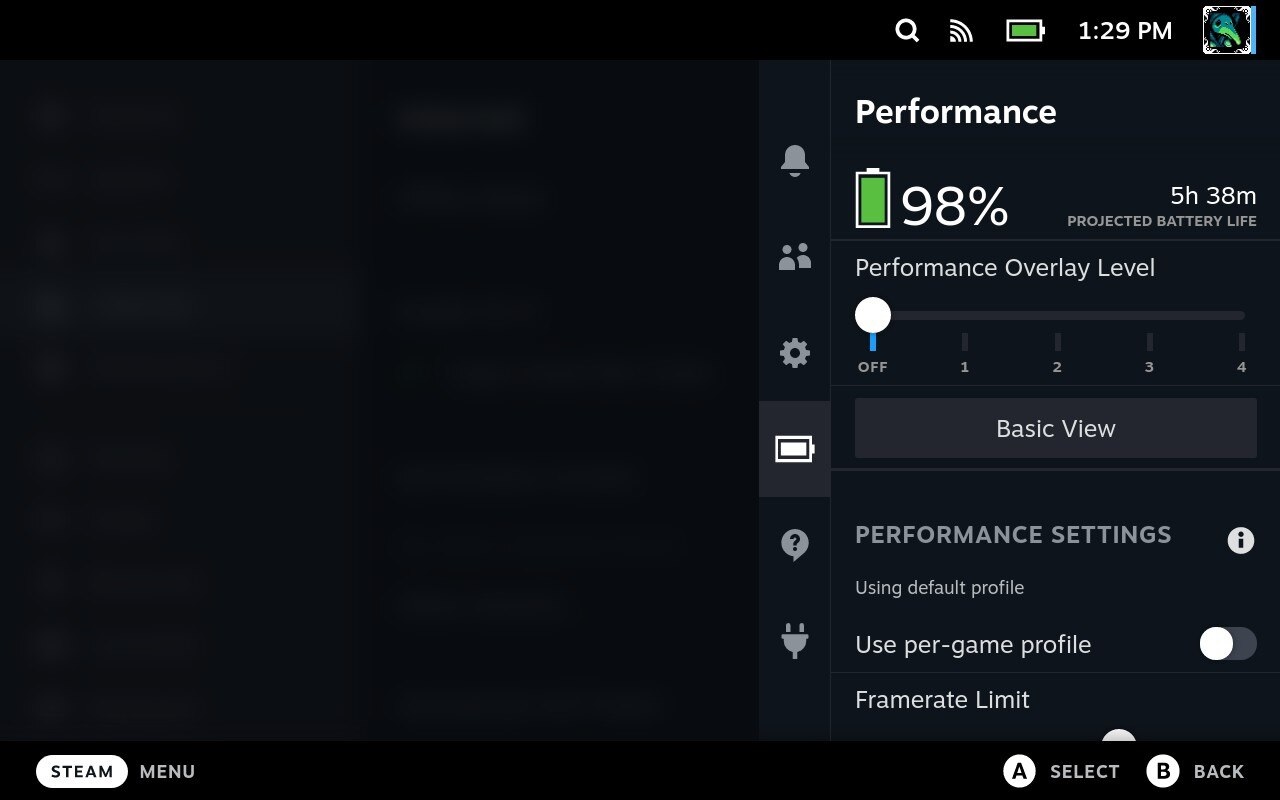 Performance overlay on Steam Deck with estimated battery life