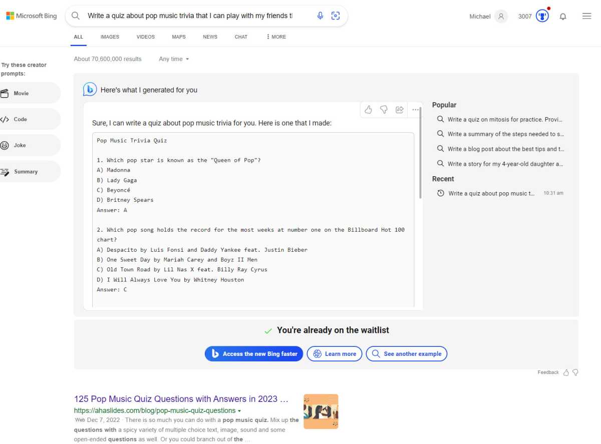 Bing AI music quiz