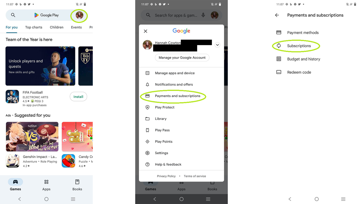 How to cancel a subscription on Android with steps circled in green