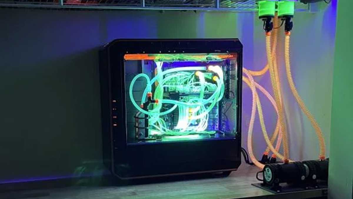 Insane watercooling desktop rig uses 69 heads