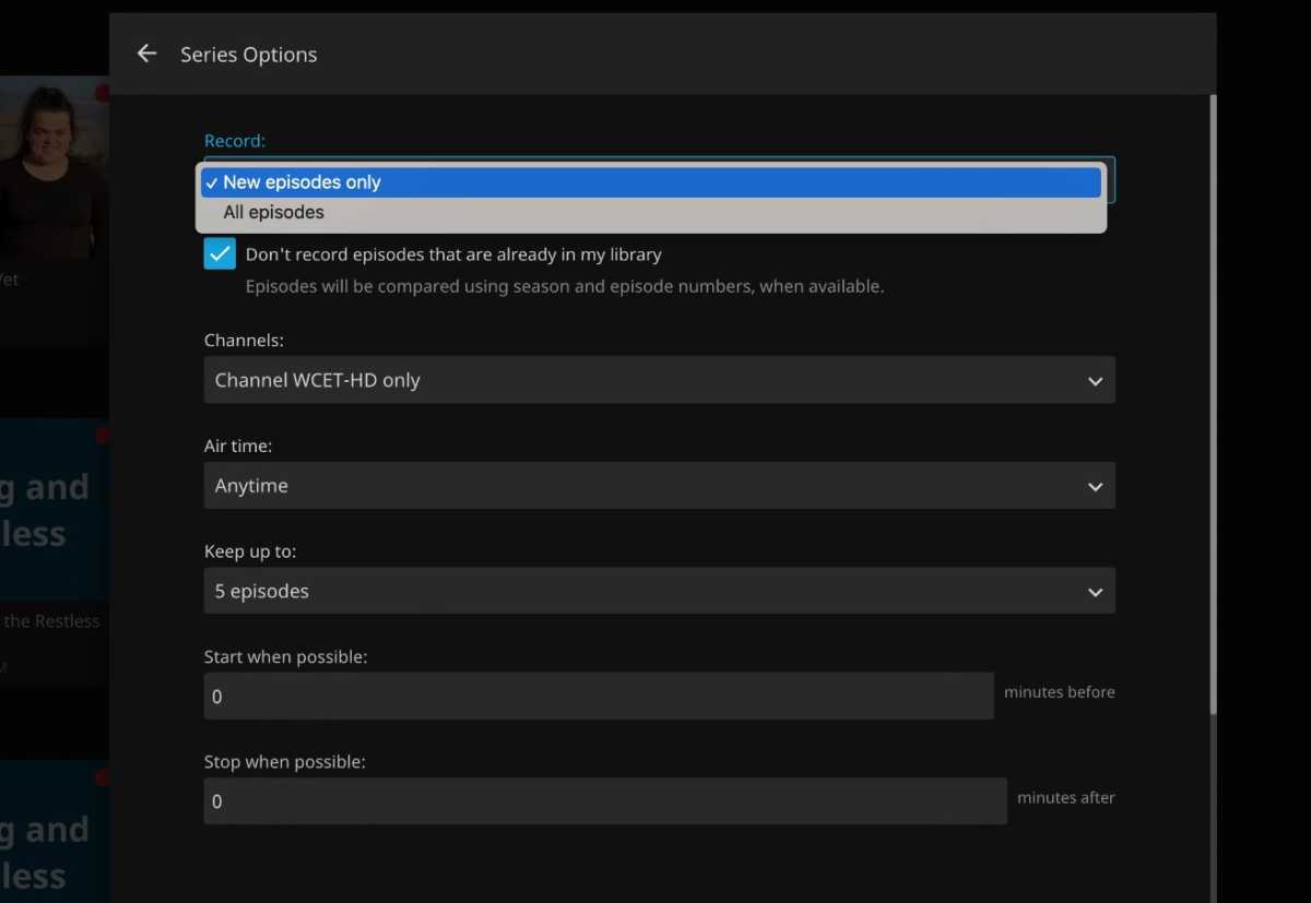 Options d'enregistrement de la série Jellyfin