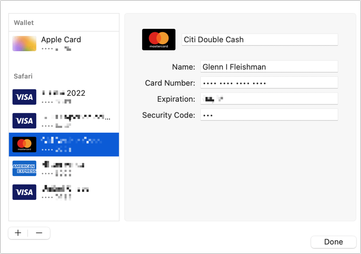 safari credit card info