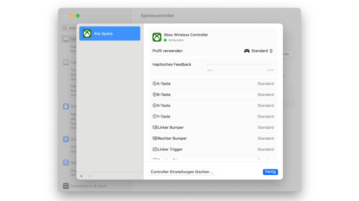 Controller-Einstellungen für den Xbox Wireless Controller auf macOS Ventura