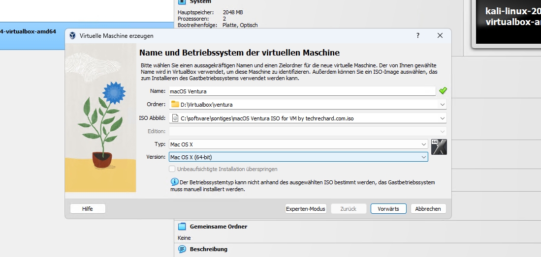 Erstellen einer neuen VM für die Virtualisierung von macOS mit VirtualBox.