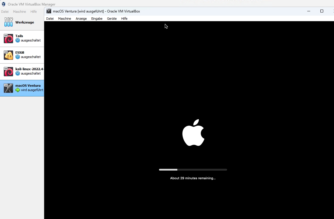 Die Installation von macOS Ventura als VM in VirtualBox.