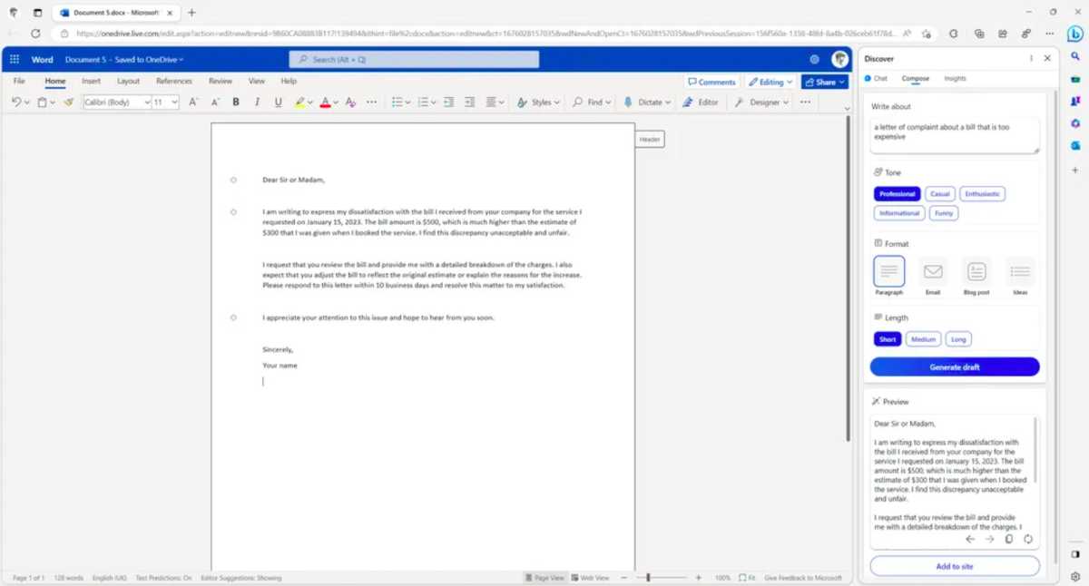 Bing ChatGPT AI in Microsoft Word on the web