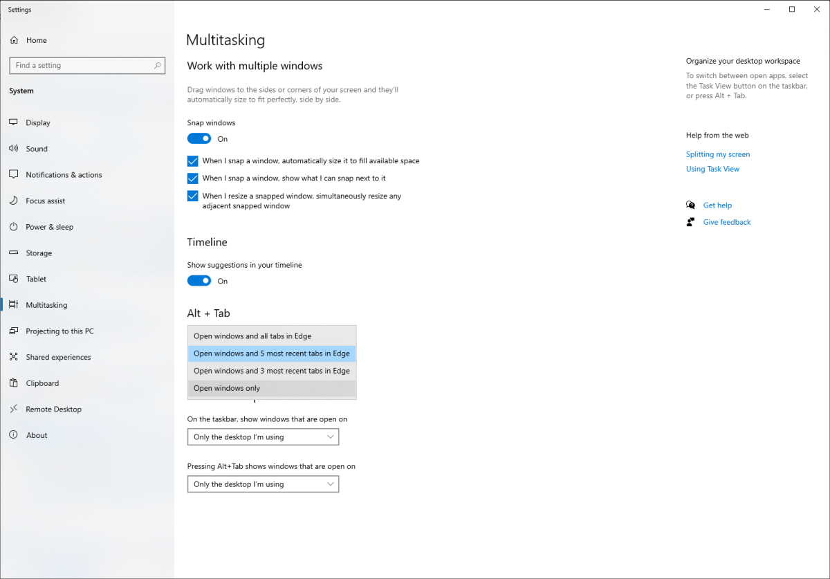 Windows 10 Alt + Tab settings 