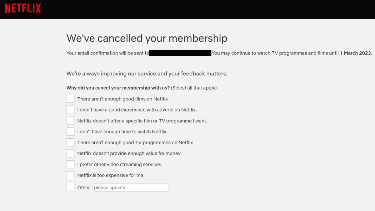 Screenshot of Netflix page stating 'We've cancelled your membership'