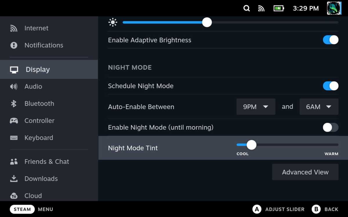 Night Mode settings on Steam Deck