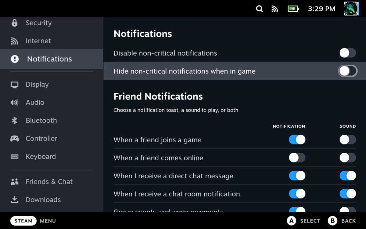 Notification settings on Steam Deck