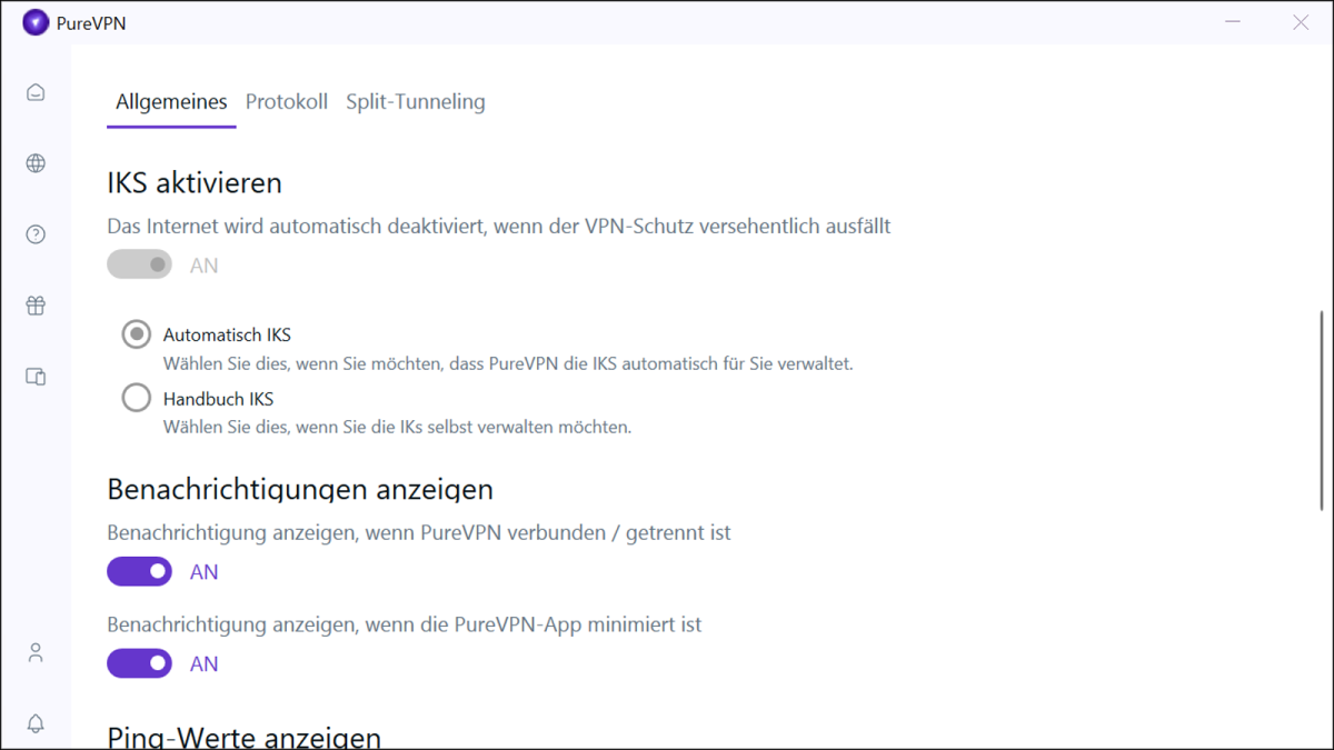 PureVPN Einstellungen