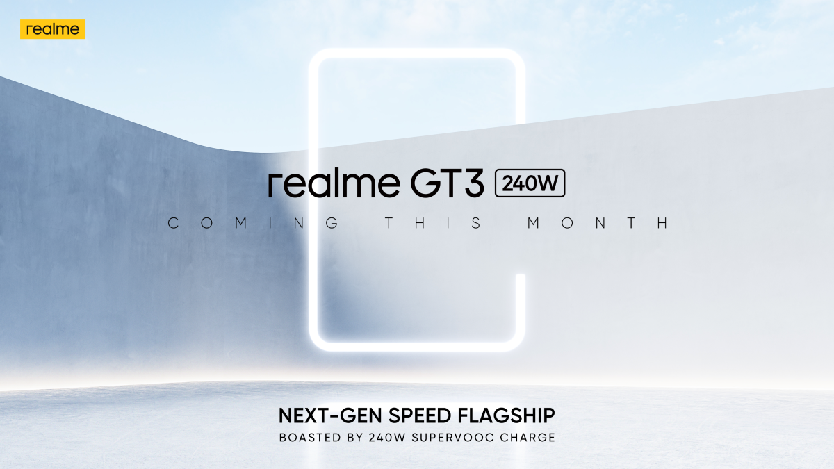 Realme GT 3 teaser image with 'coming this month' written across the poster